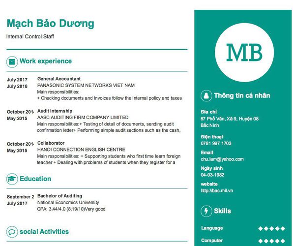 Mẫu CV Internal Control Staff