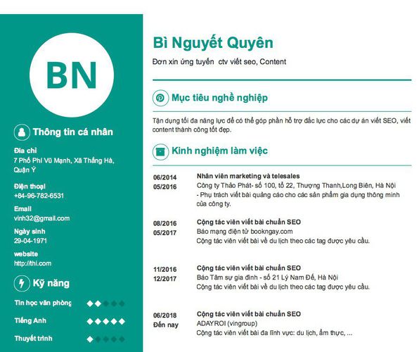 Gợi ý cách viết Mẫu CV tham khảo Đơn xin ứng tuyển  ctv viết seo, Content