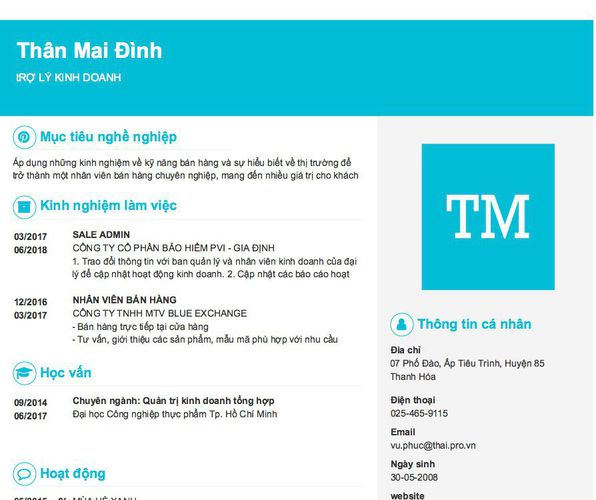 Mẫu CV tRỢ LÝ KINH DOANH