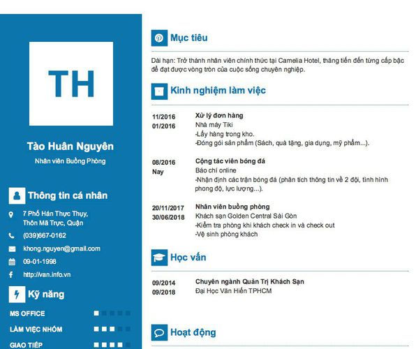 Mẫu CV Nhân viên Buồng Phòng