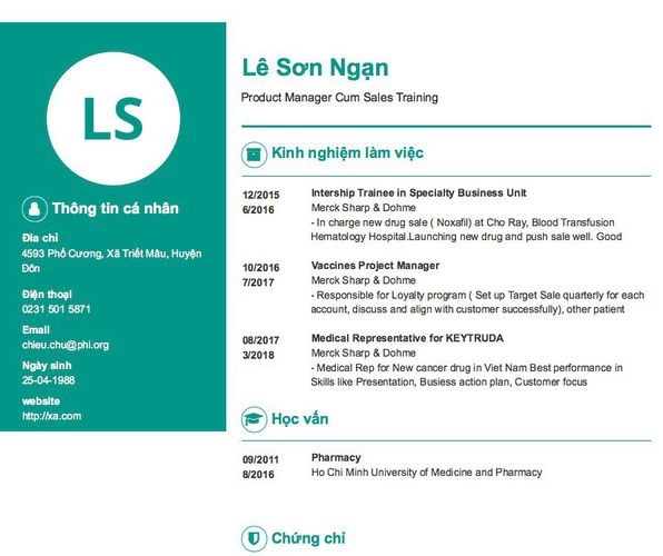 Mẫu CV Product Manager Cum Sales Training