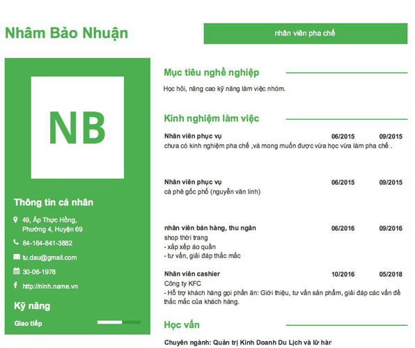 Mẫu CV nhân viên pha chế