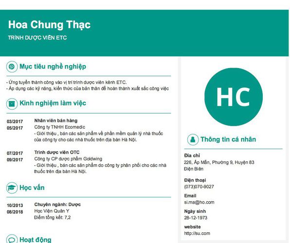 Mẫu CV TRÌNH DƯỢC VIÊN ETC