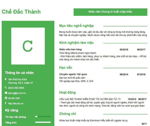 Mẫu CV Nhân viên Chứng từ Xuất nhập khẩu