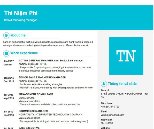 Mẫu CV Sale & marketing manager