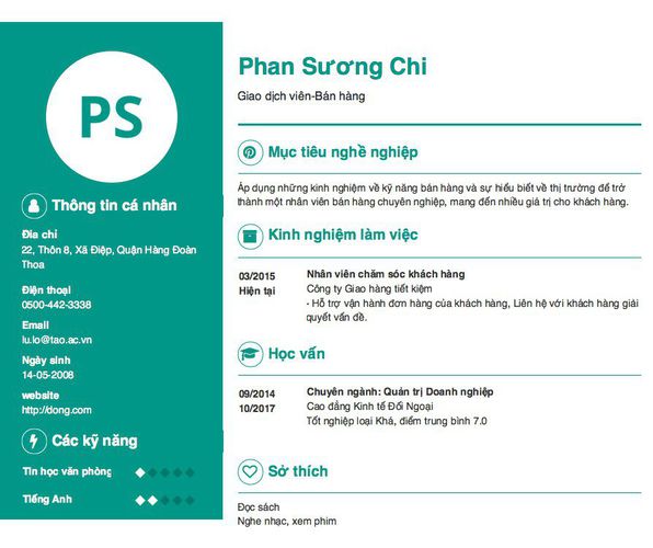 Mẫu CV Giao dịch viên-Bán hàng