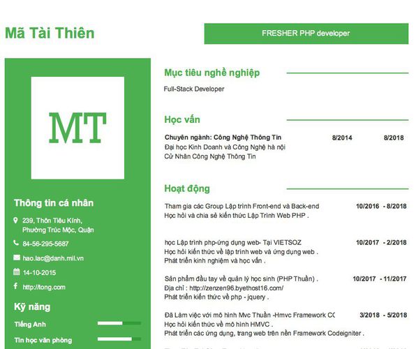 Mẫu CV FRESHER PHP developer