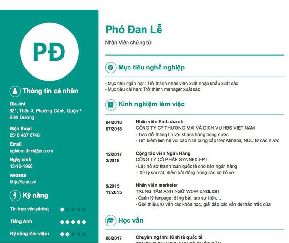 Mẫu CV Nhân Viên chứng từ