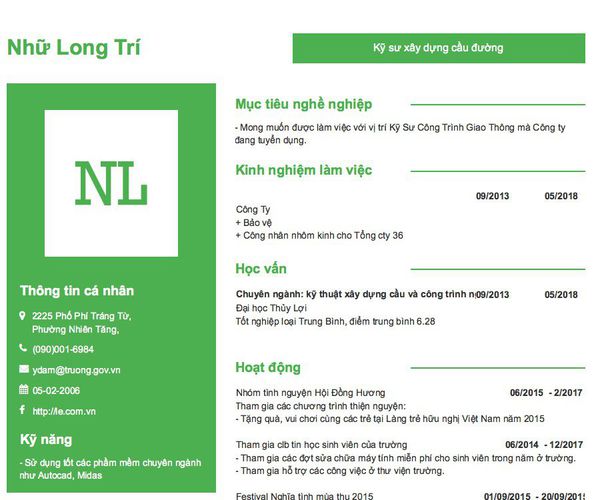Mẫu CV Kỹ sư xây dựng cầu đường