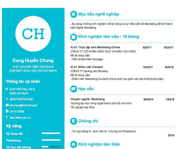 Gợi ý cách viết Mẫu CV tham khảo Vị trí  CHUYÊN VIÊN NỘI DUNG CONTENT (KHU VỰC HỒ CHÍ MINH)