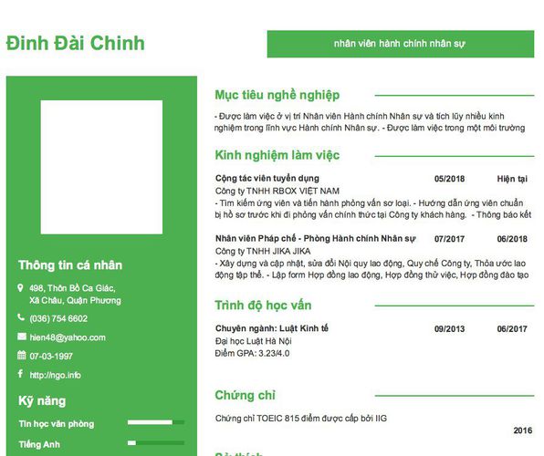 Mẫu CV nhân viên hành chính nhân sự