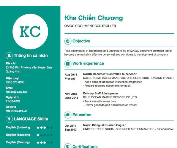 Mẫu CV QA/QC DOCUMENT CONTROLLER