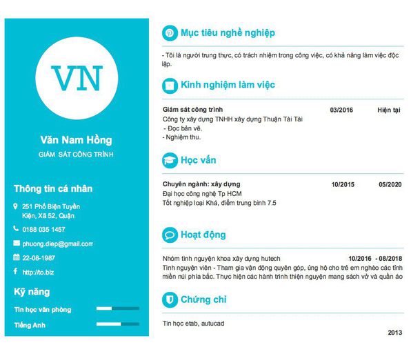 Mẫu CV GIÁM  SÁT CÔNG TRÌNH