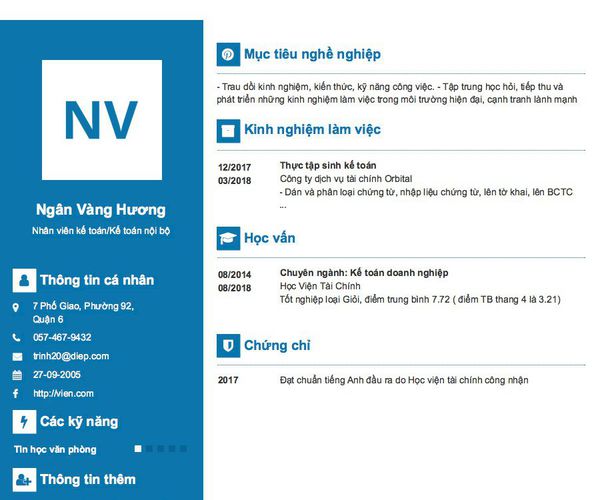 Mẫu CV Nhân viên kế toán/Kế toán nội bộ