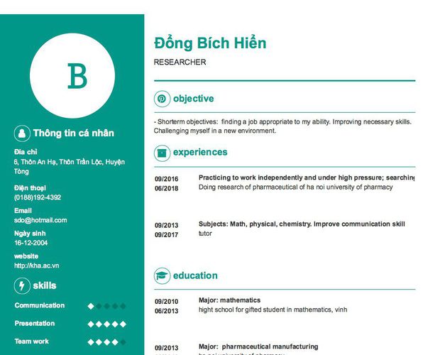 Mẫu CV RESEARCHER
