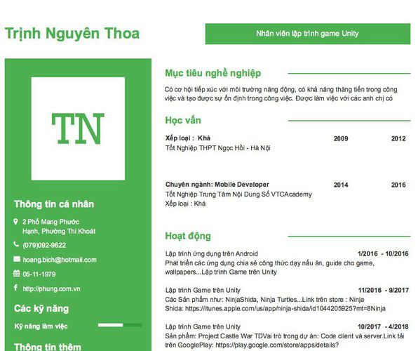Mẫu CV Nhân viên lập trình game Unity