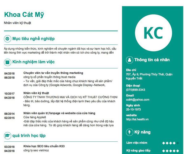 Mẫu CV Nhân viên kỹ thuật