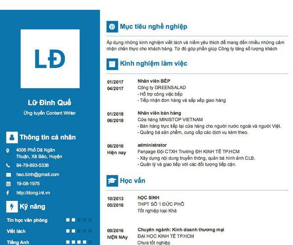 Mẫu CV Ứng tuyển Content Writer