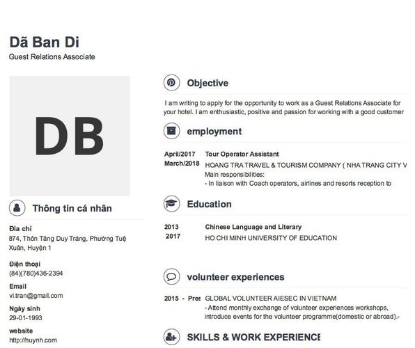 Mẫu CV Guest Relations Associate