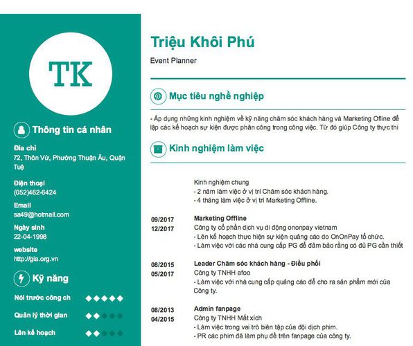 Mẫu CV Event Planner
