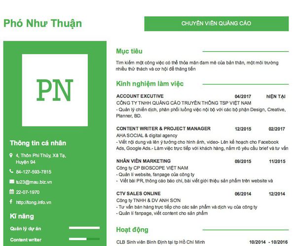 Mẫu CV CHUYÊN VIÊN QUẢNG CÁO