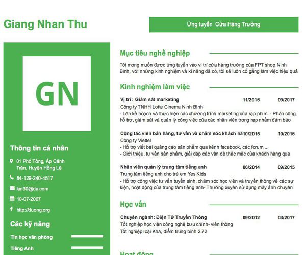 Gợi ý cách viết Mẫu CV tham khảo Ứng tuyển  Cửa Hàng Trưởng