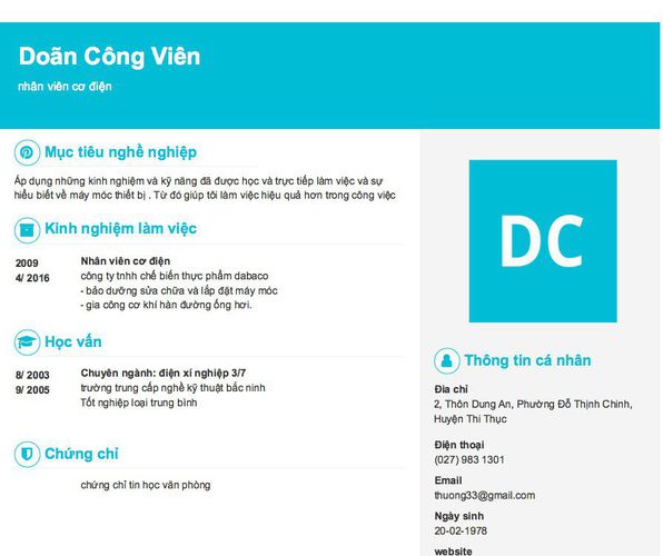 Mẫu CV nhân viên cơ điện