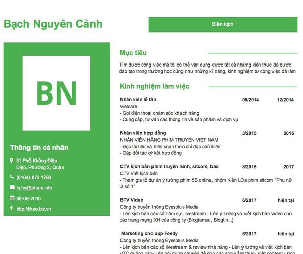 Mẫu CV Biên kịch