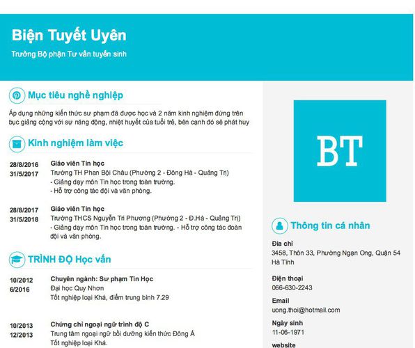 Mẫu CV Trưởng Bộ phận Tư vấn tuyển sinh