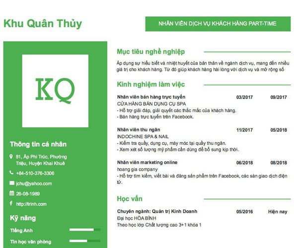 Mẫu CV NHÂN VIÊN DỊCH VỤ KHÁCH HÀNG PART-TIME