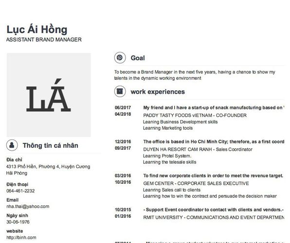 Mẫu CV ASSISTANT BRAND MANAGER