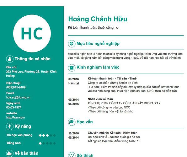 Mẫu CV Kế toán thanh toán, thuế, công nợ