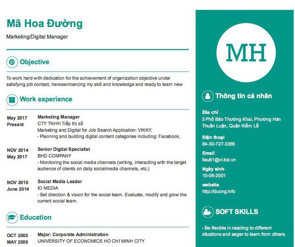 Mẫu CV Marketing/Digital Manager