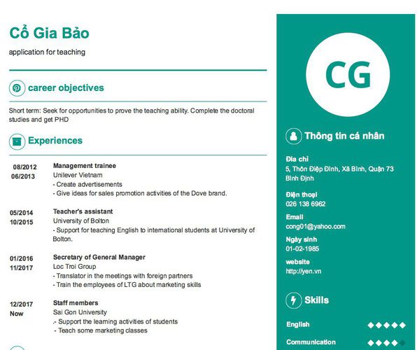 Mẫu CV application for teaching