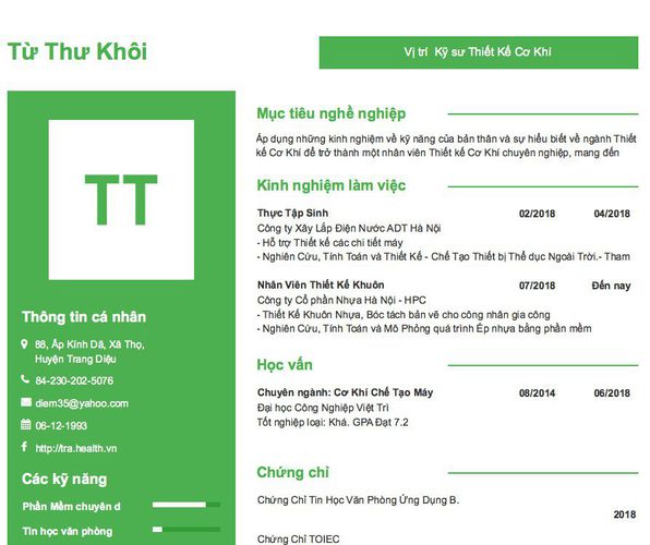 Mẫu CV Vị trí  Kỹ sư Thiết Kế Cơ Khí