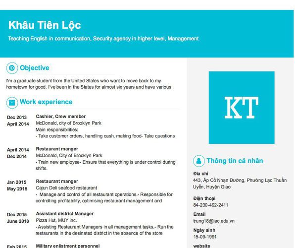 Mẫu CV Teaching English in communication, Security agency in higher level, Management