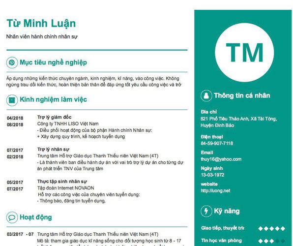 Mẫu CV Nhân viên hành chính nhân sự