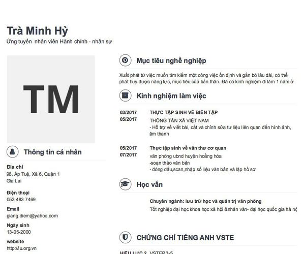 Gợi ý cách viết Mẫu CV tham khảo Ứng tuyển  nhân viên Hành chính - nhân sự