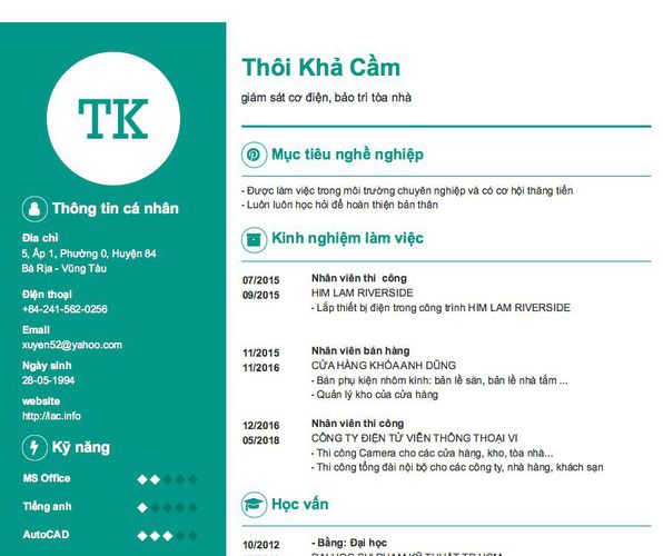 Mẫu CV giám sát cơ điện, bảo trì tòa nhà