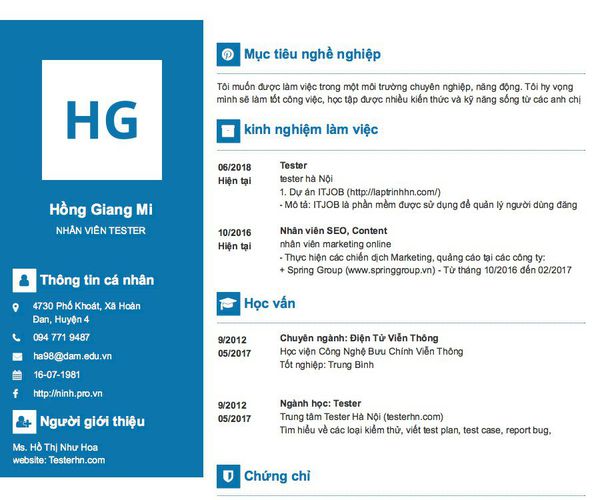 Mẫu CV NHÂN VIÊN TESTER
