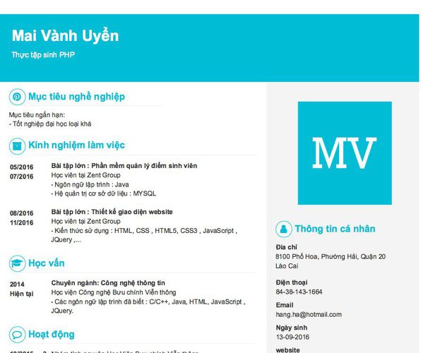 Mẫu CV Thực tập sinh PHP