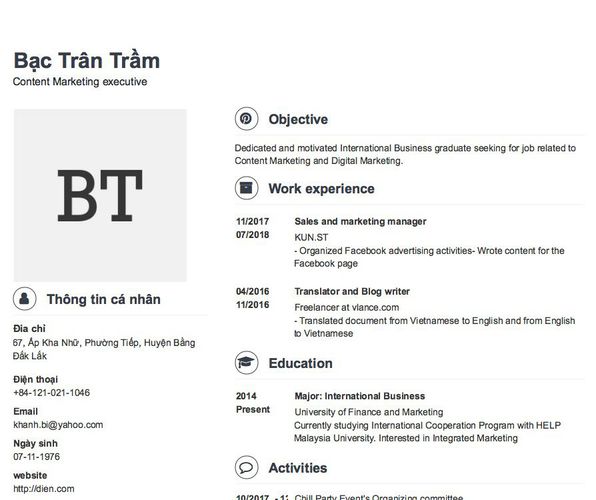 Mẫu CV Content Marketing executive