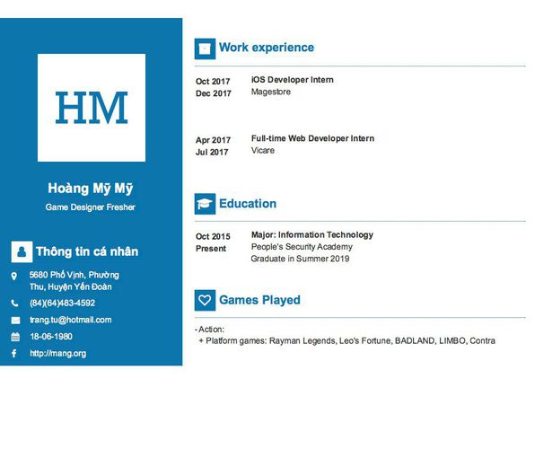 Mẫu CV Game Designer Fresher