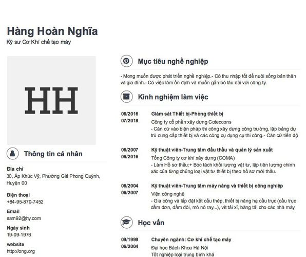 Mẫu CV Kỹ sư Cơ Khí chế tạo máy