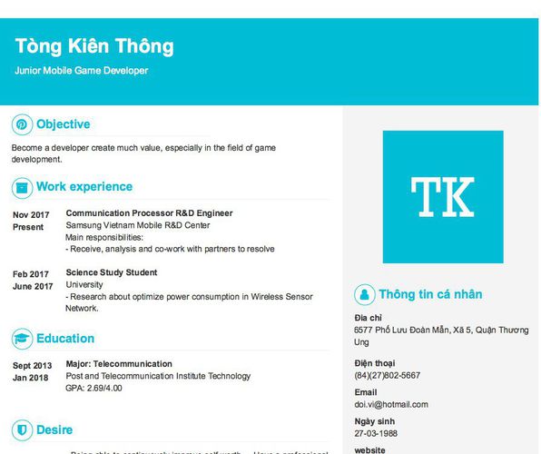 Mẫu CV Junior Mobile Game Developer