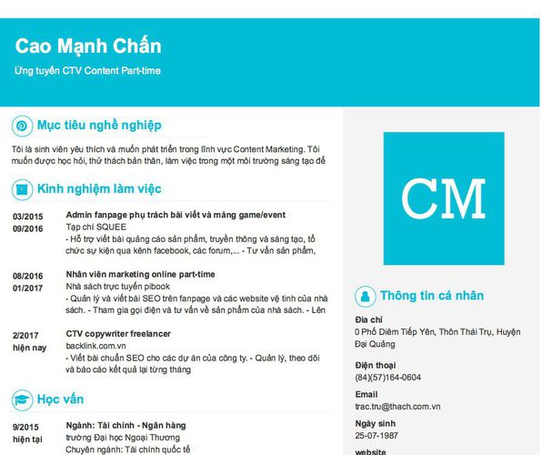 Mẫu CV Ứng tuyển CTV Content Part-time