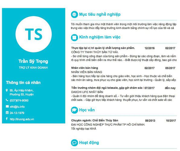 Mẫu CV TRỢ LÝ KINH DOANH