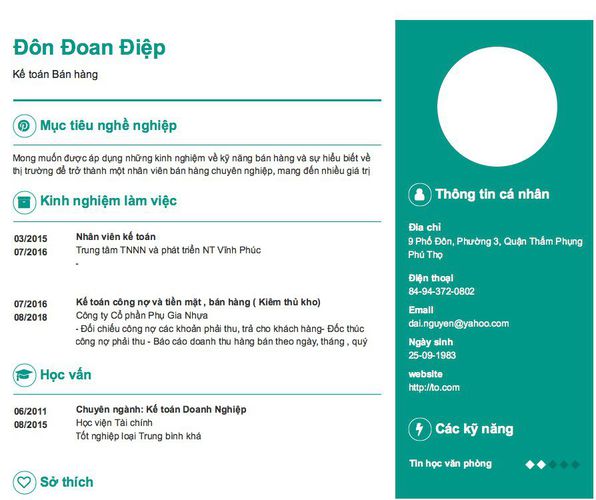 Mẫu CV Kế toán Bán hàng