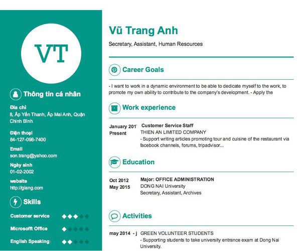 Mẫu CV Secretary, Assistant, Human Resources