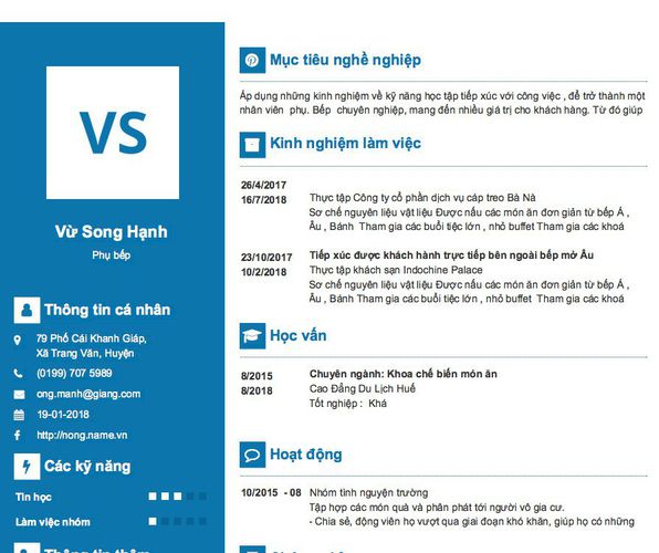 Mẫu CV Phụ bếp